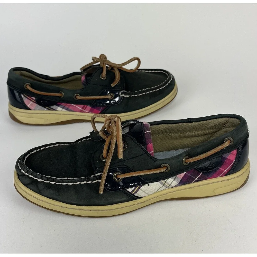Sperry Top-Sider Koifish Womens‎ 7.5 Blue Plaid Boat Shoe Leather Preppy Deck